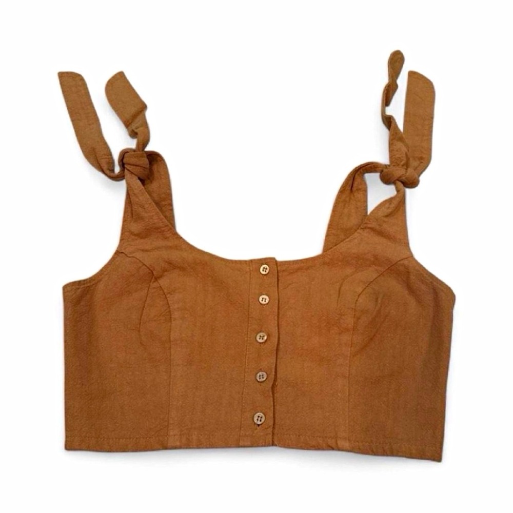 KENDALL & KYLIE Women's Brown Solid Cotton Linen Button-Front Corset Top S